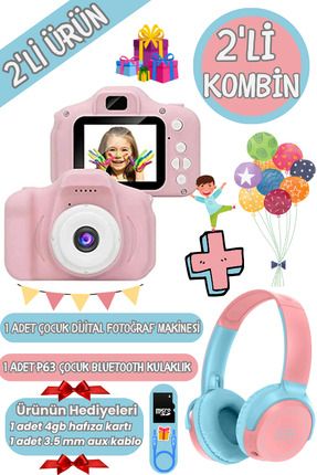 2'li Kombin 1 Adet P63 Kulaküstü Bluetooth Kulaklık + 1 Adet Çocuk Dijital Fotoğraf Makinesi