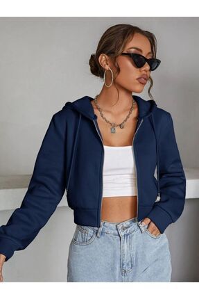 Kadın Koyu Lacivert Fitted Crop Kapşonlu Zip Fermuarlı Polar Hırka Sweatshirt