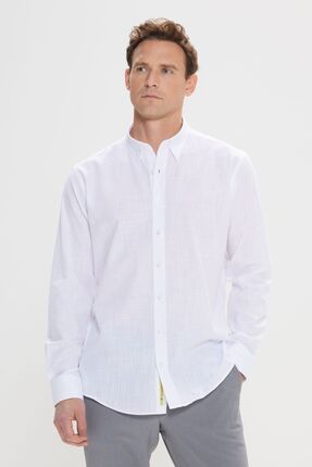 Erkek Beyaz Comfort Fit Rahat Kesim Gizli Düğme Yaka %100 Pamuk Flamlı Gömlek