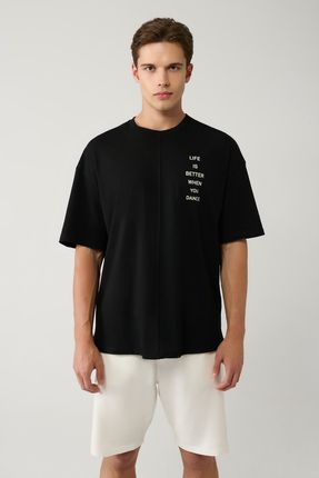 Erkek Siyah T-shirt Bisiklet Yaka Baskılı Pamuklu Oversize A41y1378