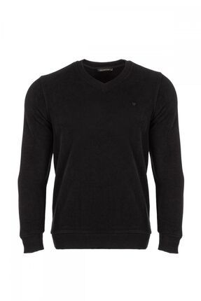 Büyük Beden Regular Fit Kadife Selanik Basic Erkek V Yaka Sweatshirt