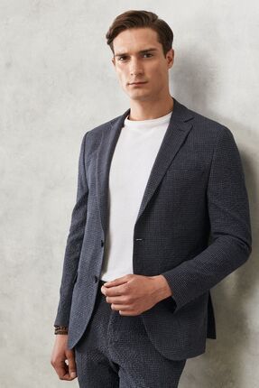 Erkek Antrasit-lacivert Slim Fit Dar Kesim Mono Yaka Kareli Klasik Takım Elbise