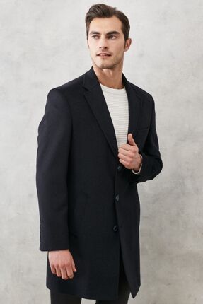 Erkek Lacivert Standart Fit Normal Kesim Mono Yaka Pamuklu Kışlık Palto