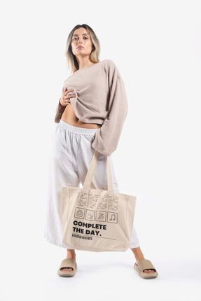 "complete The Day" Canvas Tote Omuz Ve Plaj Çantası