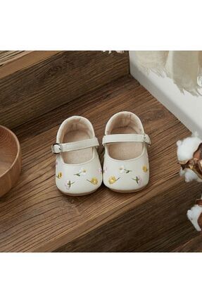 Krem Mini Çiçek Kız Bebek Babet Ayakkabı
