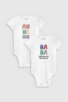 Organik %100 Pamuk Anne Baba Baskılı 2'li Bebek Body Set Beyaz Çıtçıtlı Badi Zıbın Ikili 5179-5180