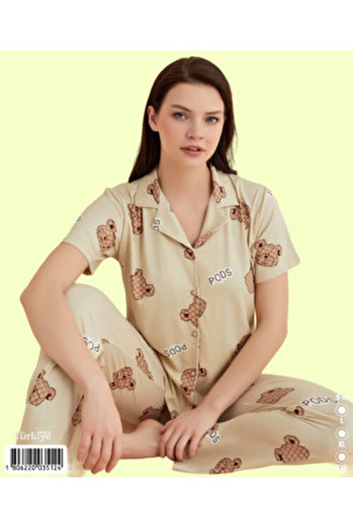Kadın Kısa Kollu Düğmeli İpeksi Kumaş Pijama Takımı