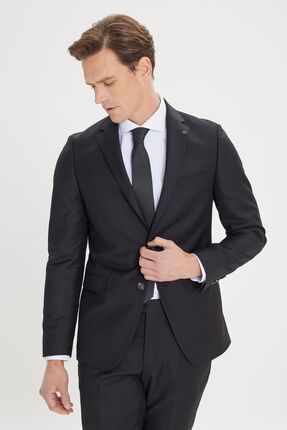 Erkek Siyah Slim Fit Dar Kesim Mono Yaka Takım Elbise