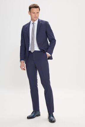 Erkek Lacivert Slim Fit Dar Kesim Mono Yaka Takım Elbise