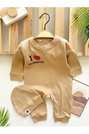 I Love Mom & Dad Yazı Baskılı Kalp Şapkalı Bebek Tulum Set