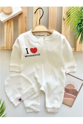 I Love Mom & Dad Yazı Baskılı Kalp Şapkalı Bebek Tulum Set