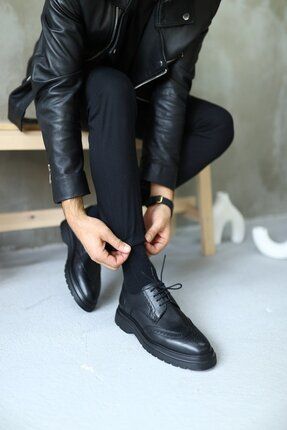 Siyah Hakiki Deri Bağcıklı Erkek Klasik Casual Ayakkabı