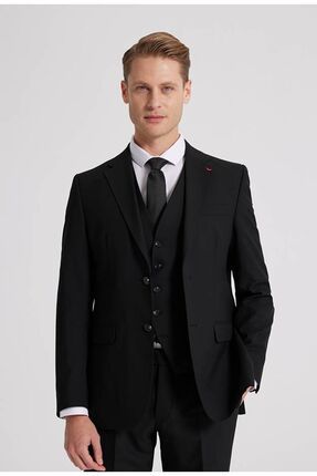 Slim Fit Siyah Mono Yaka Çift Yırtmaçlı Astarlı Takim Elbise Yelekli