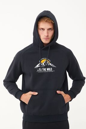 Erkek Siyah 3 İplik Baskılı Mountain Kapüşonlu Sweatshirt 1598