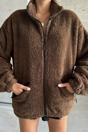 Unisex Kahverengi Fermuarlı Peluş Oversize Hırka