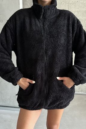 Unisex Siyah Fermuarlı Peluş Oversize Hırka