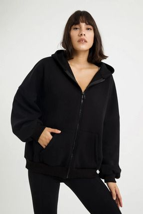 Siyah Kapüşonlu Fermuarlı Unisex Mevsimlik Oversize Sweatshirt