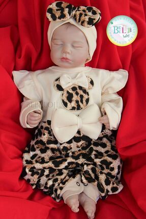 Lina Fiyonklu Leoparlı Kız Bebek Tulum Bandana Set ( Yenidoğan tulum yenidoğan kıyafeti )