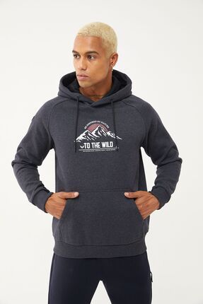 Erkek Antrasit 3 İplik Baskılı Mountain Kapüşonlu Sweatshirt 1598