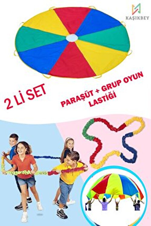 2 Lİ SET Paraşüt Gökkuşağı + Oyun Lastiği Çocuk Aktivite Jimnastik Grup Kumaş Oyun Stres Lastiği