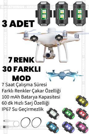 3 Adet 7 Renk 30 Mod Bisiklet Motor Drone Çakar Lamba, Bisiklet Işığı, Motor Drone Aksesuar Işık