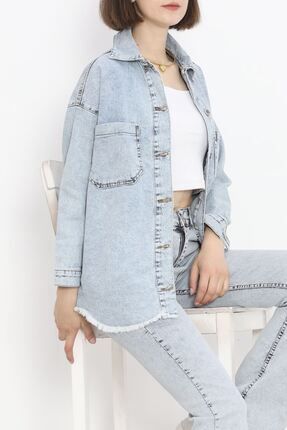 Kadın Buz Mavi Püskül Detaylı Düğmeli Boyfriend Jean Ceket Oversize Kot Ceket Mavi - 10004