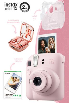 Instax mini 12 Pembe Fotoğraf Makinesi-Film-Kılıf ve Divoom Spark Air Bluetooth Kulakiçi Kulaklık