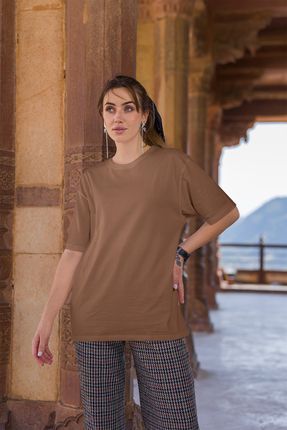 Kadın Bisiklet Yaka Oversize Tişört Pamuk Basic T-Shirt (RAHAT KALIP)