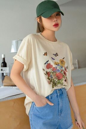 Unisex Flowers Baskılı Oversize Tshirt