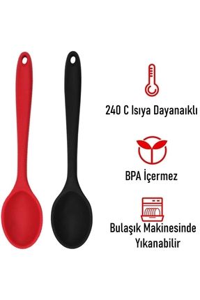 2 Li Silikon Uzun Karıştırma Kaşığı Seti Kırmızı & Siyah