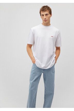 Logo Baskılı Beyaz Basic Tişört Loose Fit / Bol Rahat Kesim 0612216-620