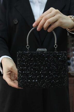 Kadın Siyah Taşlı Abiye Clutch Portföy Çanta