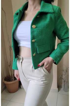 Tüvit Kumaş Cep Görünümlü Crop Tüvit Blazer Ceket