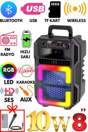 Yüksek Bass Bluetooth TF Kart USB AUX Mikrofon Giriş FM Radyo Taşınabilir Led Işıklı Hoparlör