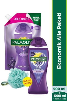 Aroma Sensations Feel Relaxed Duş Jeli 1000 ml, Palmolive Duş Jeli 500 ml + Duş Lifi