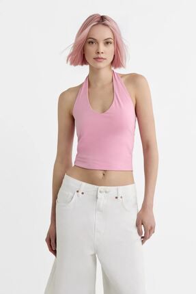 Kadın Pembe Halter Yaka Crop Top Body