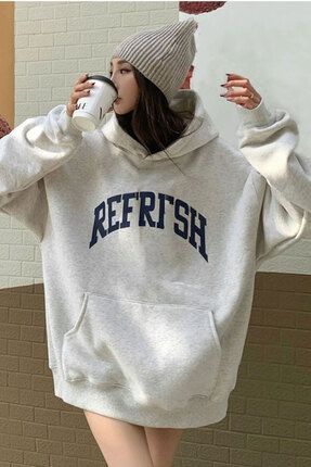 Refrfsh 3 İplik Kalın Kışlık Sweatshirt - Gri Baskılı Oversize Kapüşonlu Hoodie