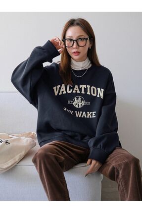 Vacition Sweatshirt - Lacivert Baskılı Oversize Şardonlu Bisiklet Yaka