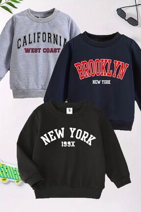 Newyork Baskılı 3'lü Paket Unisex Lacivert-Siyah-Gri Bisiklet Yaka Çocuk Sweatshirt