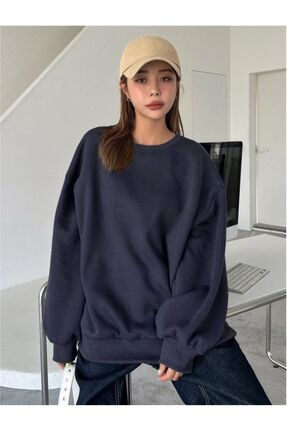 Lacivert Kalın Sweatshirt - Oversize Şardonlu Bisiklet Yaka