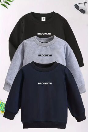 Brooklyn Baskılı 3'lü Paket Unisex Gri-Siyah-Lacivert Bisiklet Yaka Çocuk Sweatshirt