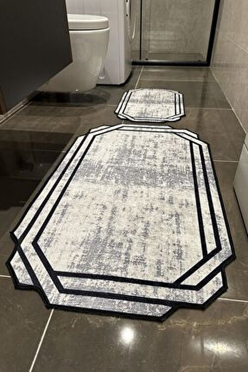 Su Emici Banyo Paspası Sünger Dolgulu İkili Makinede Yıkanabilir Gri Siyah Banyo Takımı
