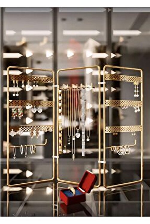 Çelik Premium Kalite 3’lü Gold Takı Standı/ Küpe,bileklik, Kolye Düzenleyici/ Takı Kutusu