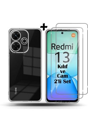 Xiaomi Redmi 13 4g Kılıf Kamera Korumalı Yumuşak Renksiz Şeffaf Silikon + 9H Ekran Koruyucu Cam Set