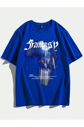 Mythologie Fantasy T Shirt Sax Mavi Bask l Oversize Bisiklet Yaka K sa Kol Fiyat Yorumlar Trendyol