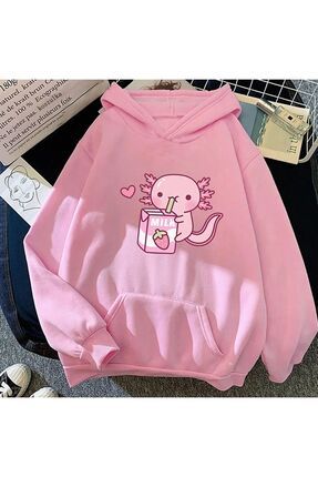 Pembe Axolotl Baskılı Oversize Unisex Sweatshirt