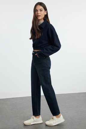 TRENDYOLM LLA Koyu Mavi More Sustainable Yuksek Bel Slim Mom Jeans TWOAW25JE00078 Fiyat Yorumlar Trendyolmilla