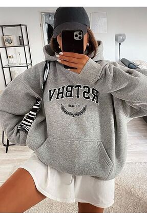 Oversize Unisex Baskılı Gri Sweatshirt