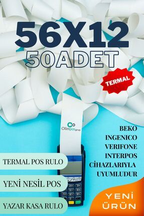 56x12 Termal Pos Rulo Yeni Nesil Yazarkasa Rulosu 1 Paket 50 Adet 12mt