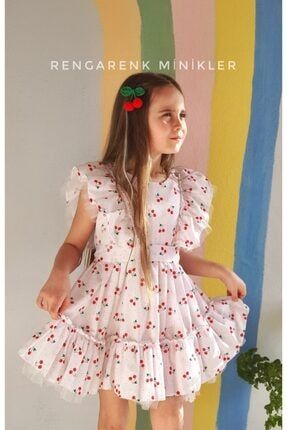 Özel Tasarım Kiraz Desenli Tül Detaylı Fırfırlı Kız Çocuk Bayram Elbisesi, Dogum Günü Elbisesi